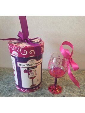 Wine Girl WINE GLASS ORNAMENT in Gift Box Hand Painted Hang or Stand Epic